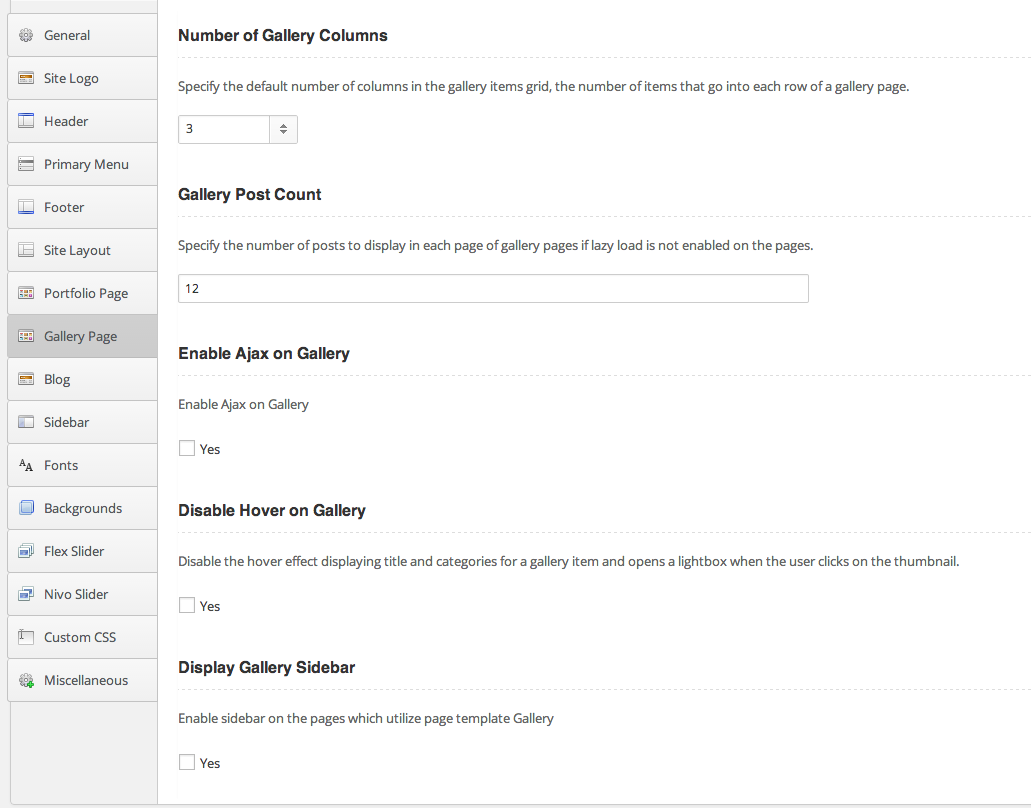 Gallery Page Options