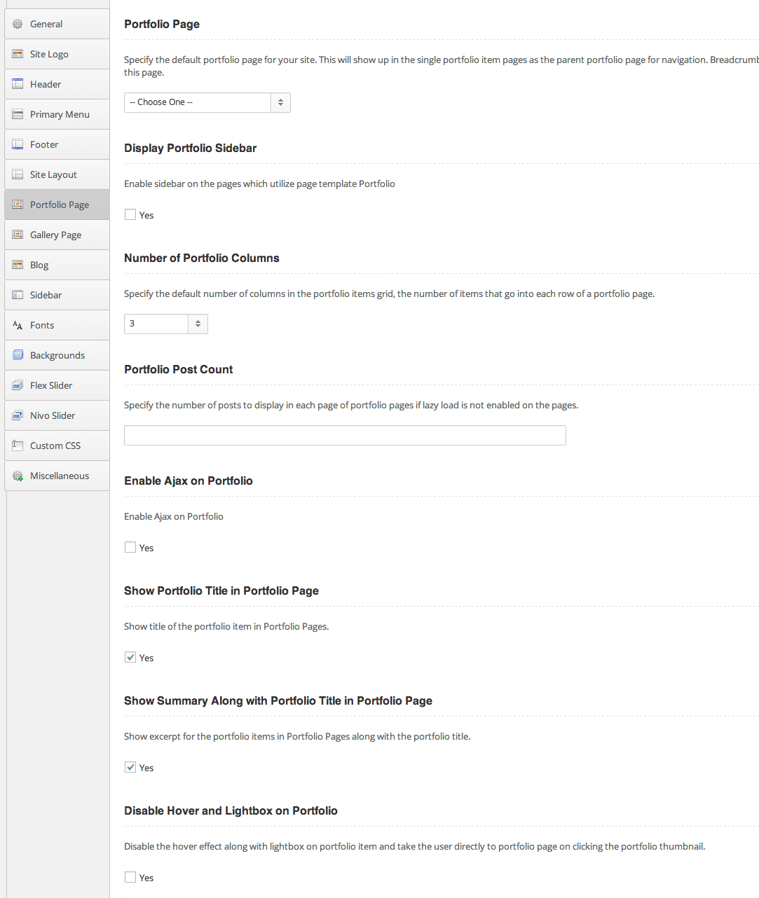 Portfolio Page Options