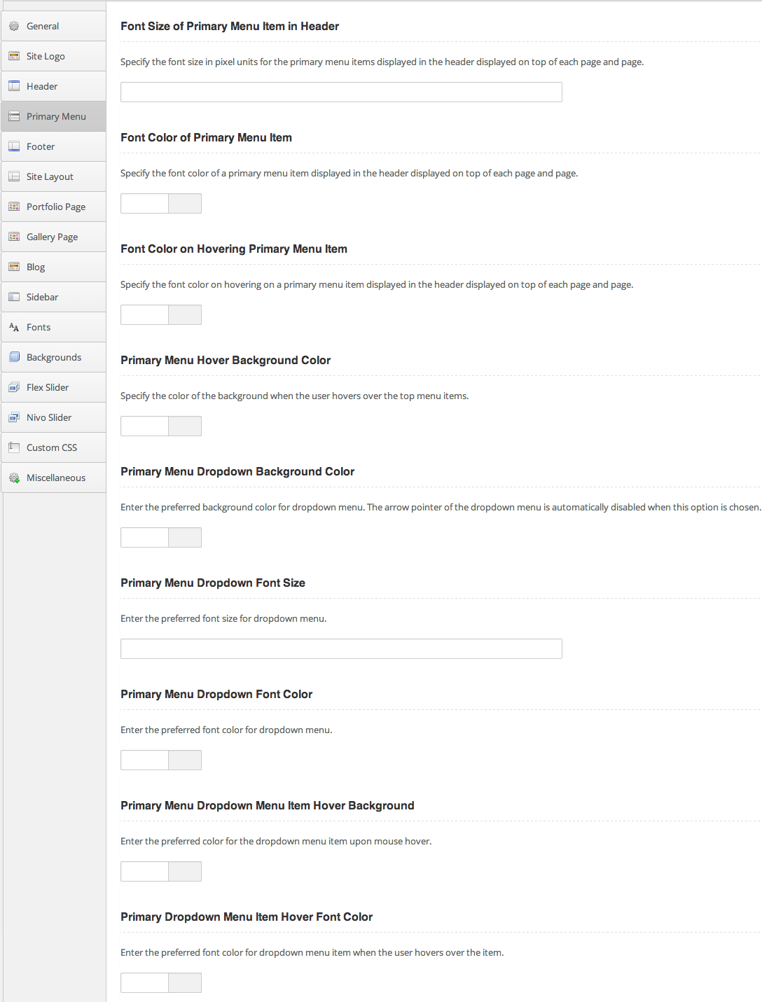 Primary Menu Options