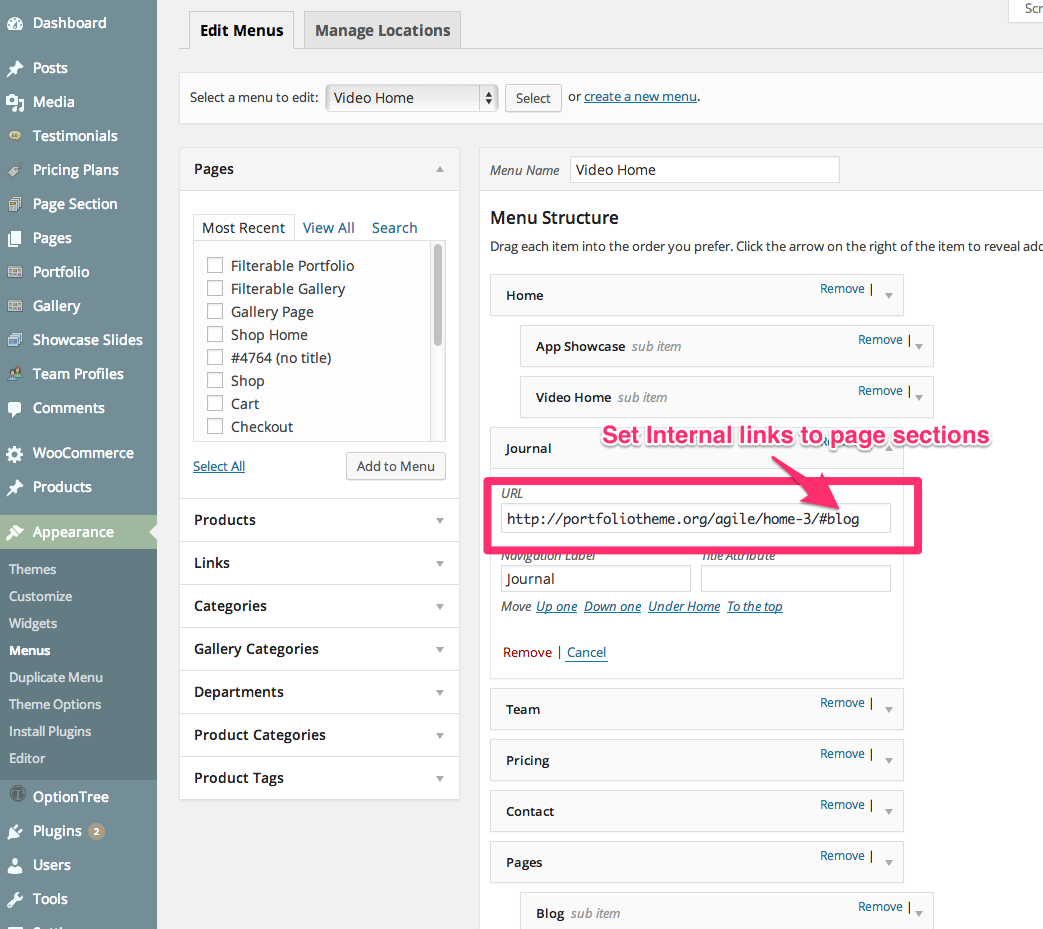 WordPress Menu Setup for Single Page